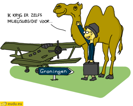 Een man die met zijn kameel naar Groningen wil rijden