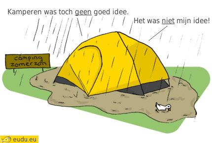 Een tentje in de regen. De mensen in de tent verwijten elkaar dat kamperen hun idee was.